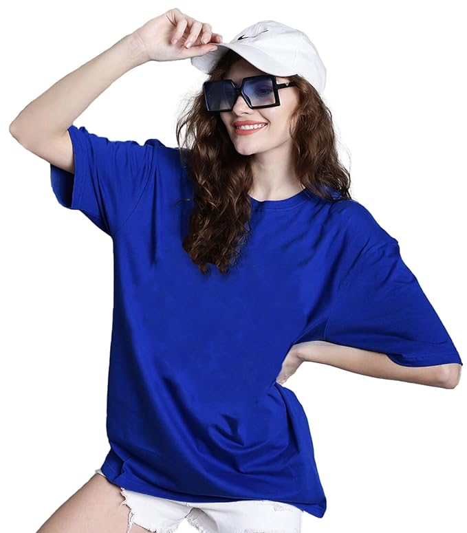 Women’s oversized blue cotton T-shirt by Seasons with half sleeves, relaxed fit, and casual style.