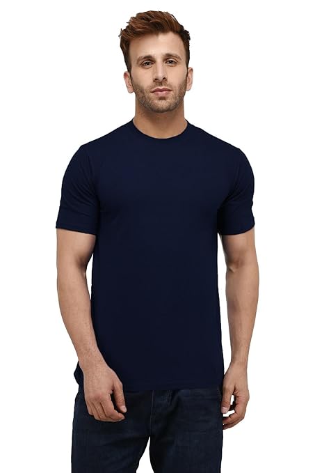 Men's dark blue cotton T-shirt by Seasons, plain and comfortable, shown on a model with a casual fit.
