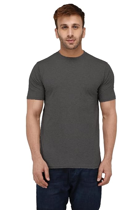 Men's dark grey cotton T-shirt from Seasons, plain and comfortable, displayed on a hanger with a close-up view of fabric details.