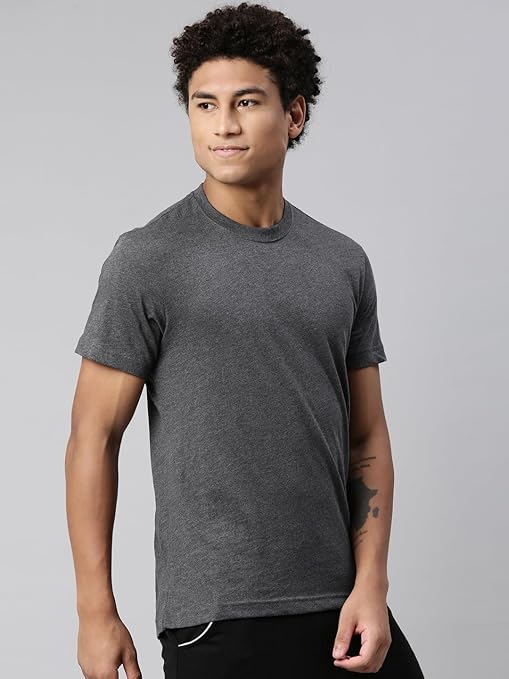 Men's regular fit grey melange T-shirt from Seasons, shown in a close-up of the fabric and classic crew neck style.