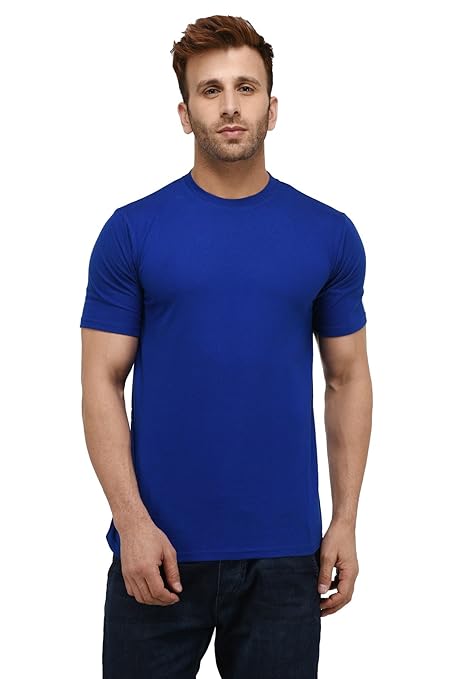 Men's plain cotton T-shirt in royal blue by Seasons, close-up view of the simple, comfortable T-shirt fabric and neckline.
