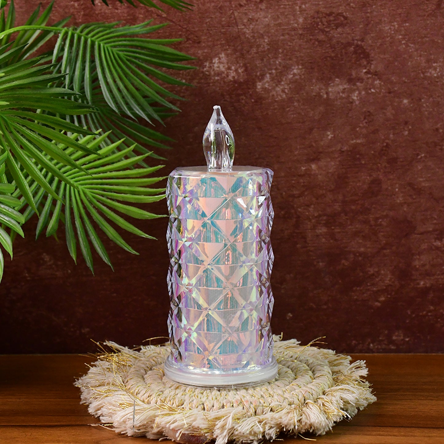 Two decorative LED candle lights with holographic finish, perfect for home decor, by Wukusy, shown with glowing illumination in a set of two.