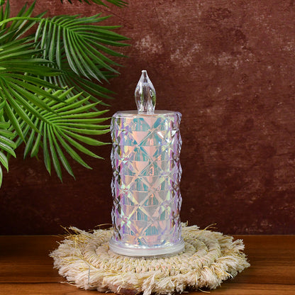 Two decorative LED candle lights with holographic finish, perfect for home decor, by Wukusy, shown with glowing illumination in a set of two.