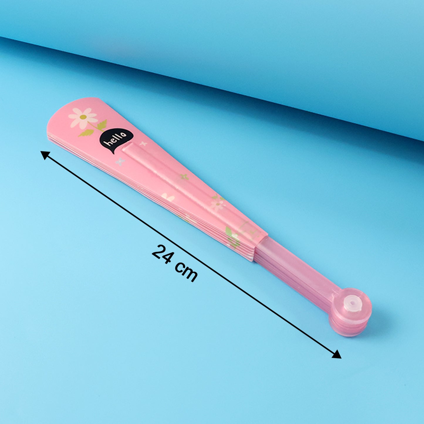 Foldable Wukusy floral print hand fan open with colorful flower design and wooden handle on white background.