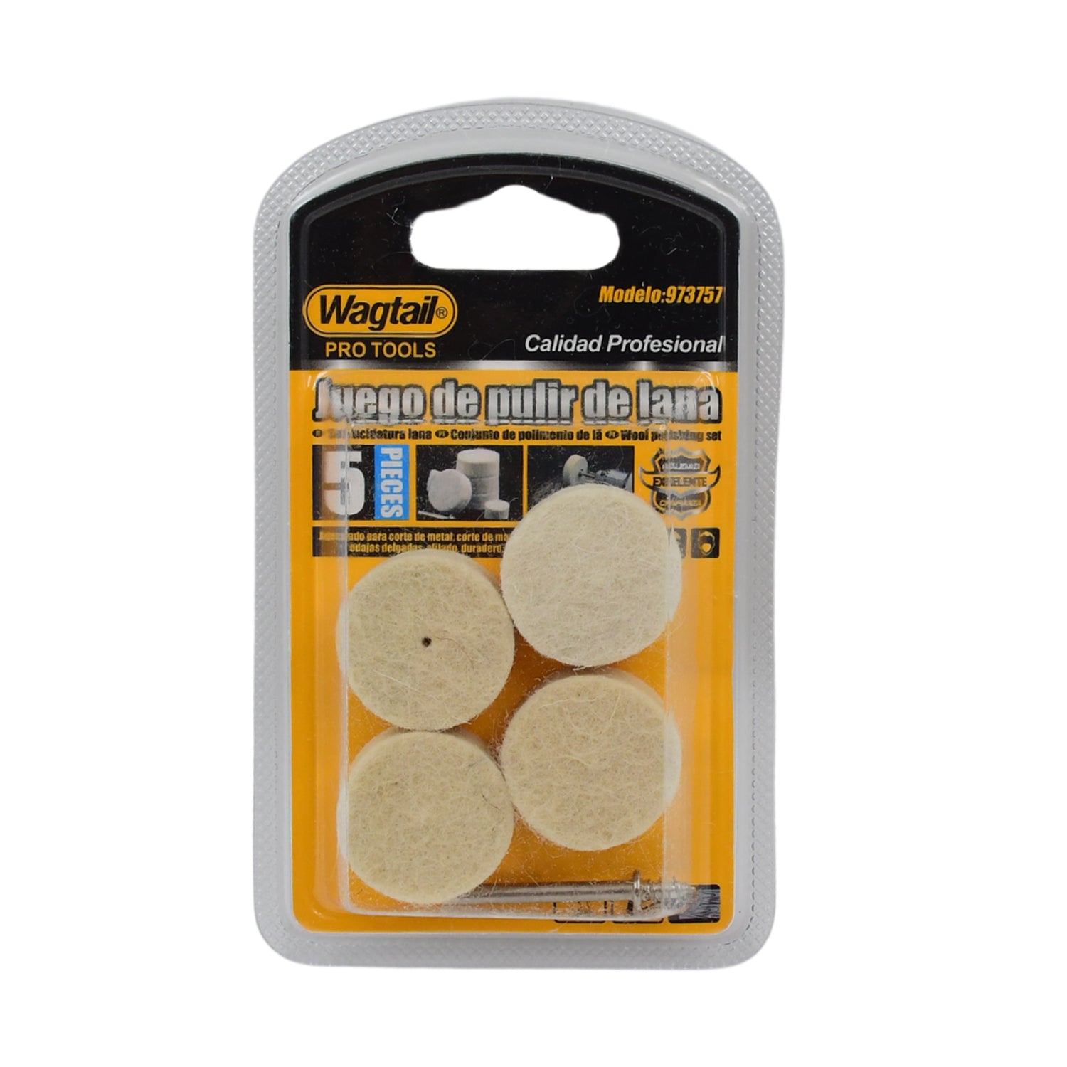 Set of five Wukusy rotary tool wool felt polishing pads for hardware polishing and buffing projects.
