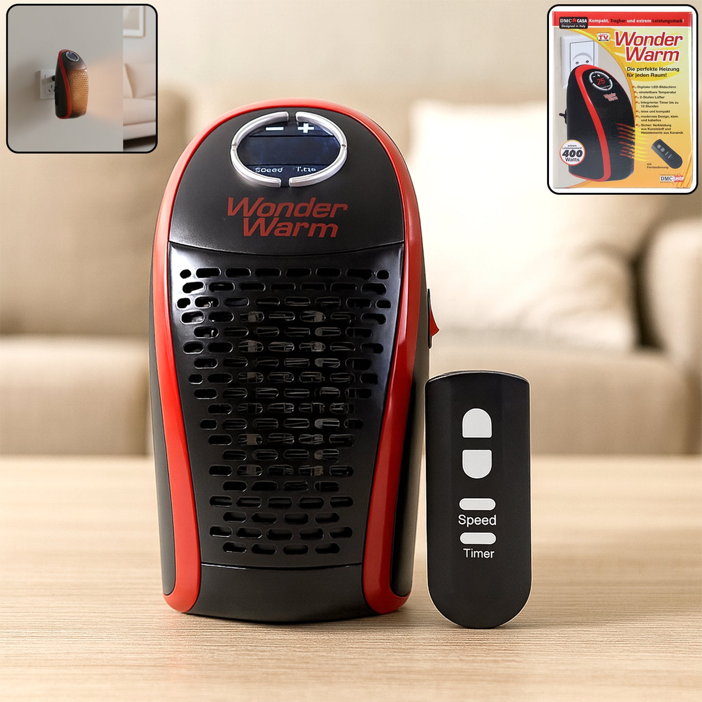Wukusy Wonder Warm 400w wall plug room heater with remote control, designed for office heating, shown plugged into wall.