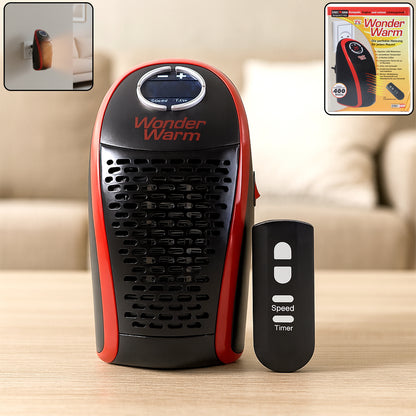 Wukusy Wonder Warm 400w wall plug room heater with remote control, designed for office heating, shown plugged into wall.