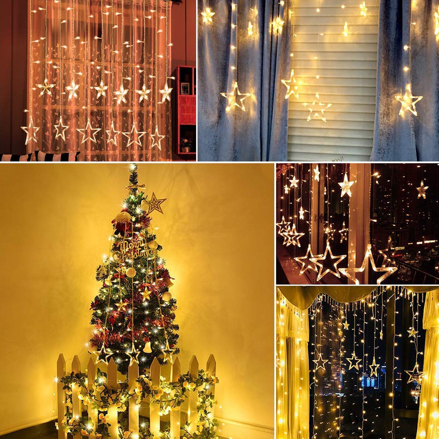 Wukusy 1253 12 Stars curtain string lights with 8 flashing modes, perfect for window decoration and festive home decor.