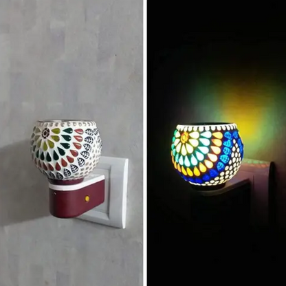 Glass Kapoor Dani diffuser with dual-mode lamp, electric camphor and essential oil burner, decorative home decor and lighting piece.