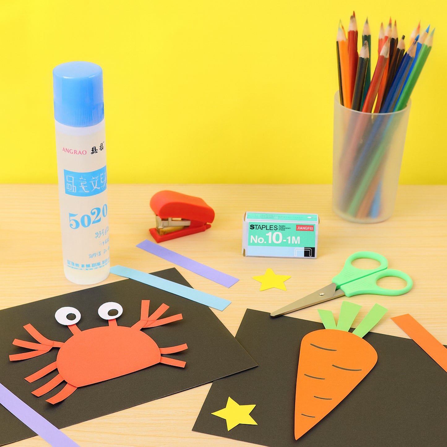 Kids Wukusy crafting and stationery set featuring colorful markers, paper, scissors, and glue for creative arts and crafts.