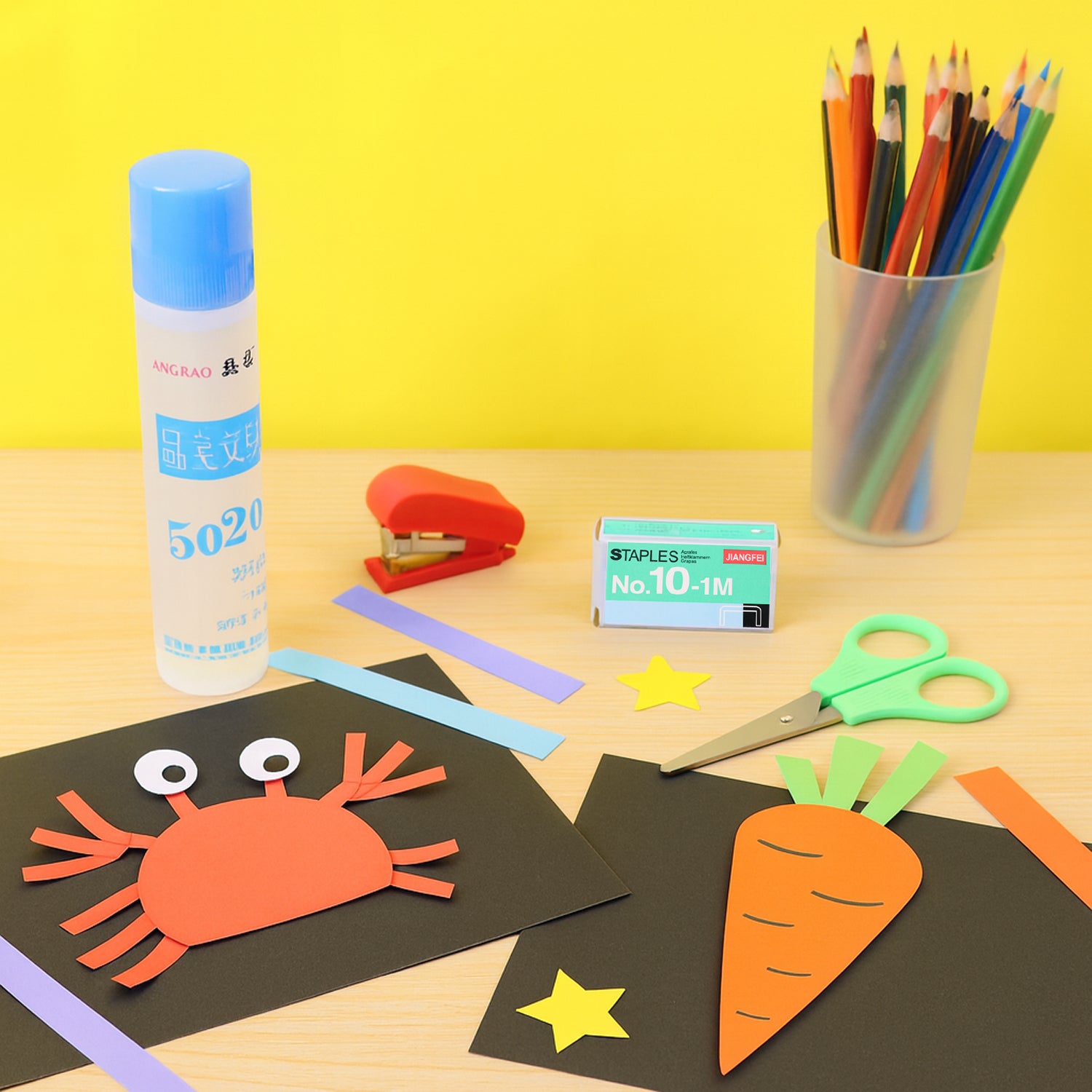 Kids Wukusy crafting and stationery set featuring colorful markers, paper, scissors, and glue for creative arts and crafts.