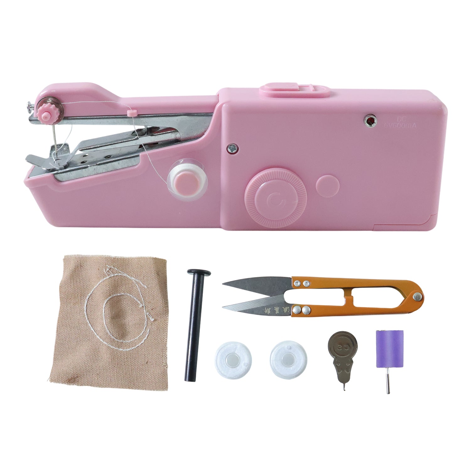 Portable handheld sewing machine by Wukusy, compact device with thread and needle, ideal for quick sewing repairs.
