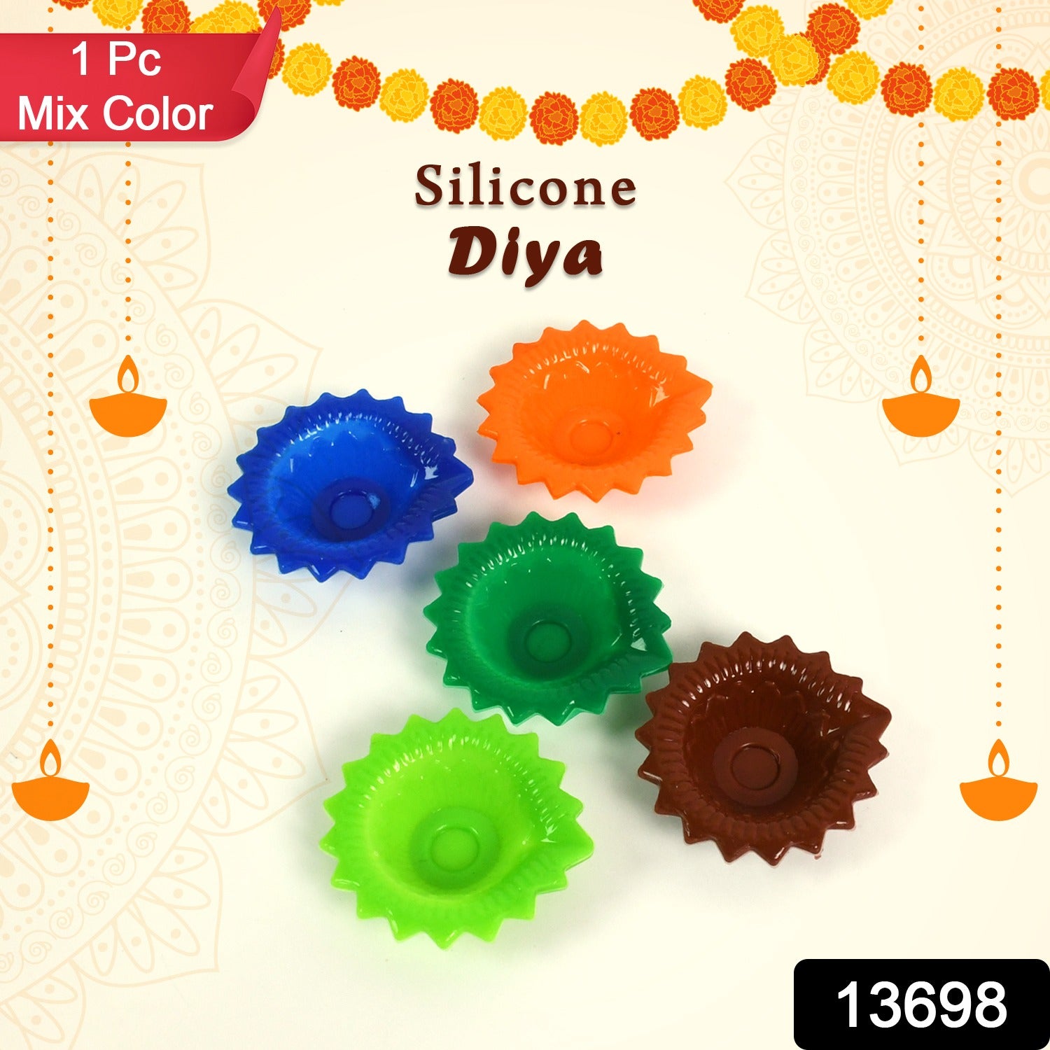Colorful silicone Diya from Wukusy, featuring an attractive Diwali home decor design in a vibrant, mix pattern.