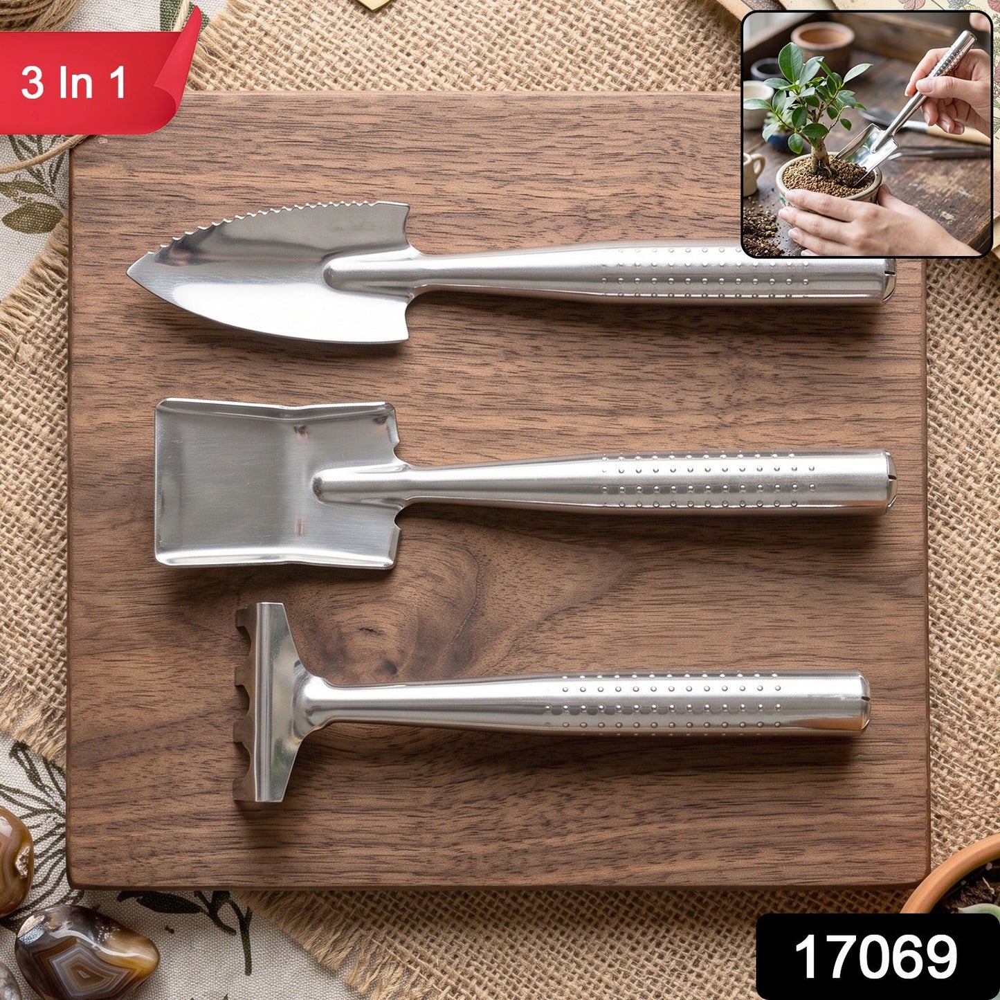 Wukusy stainless steel 3-in-1 garden hand tool set with spade, rake, and fork, arranged on a garden background.