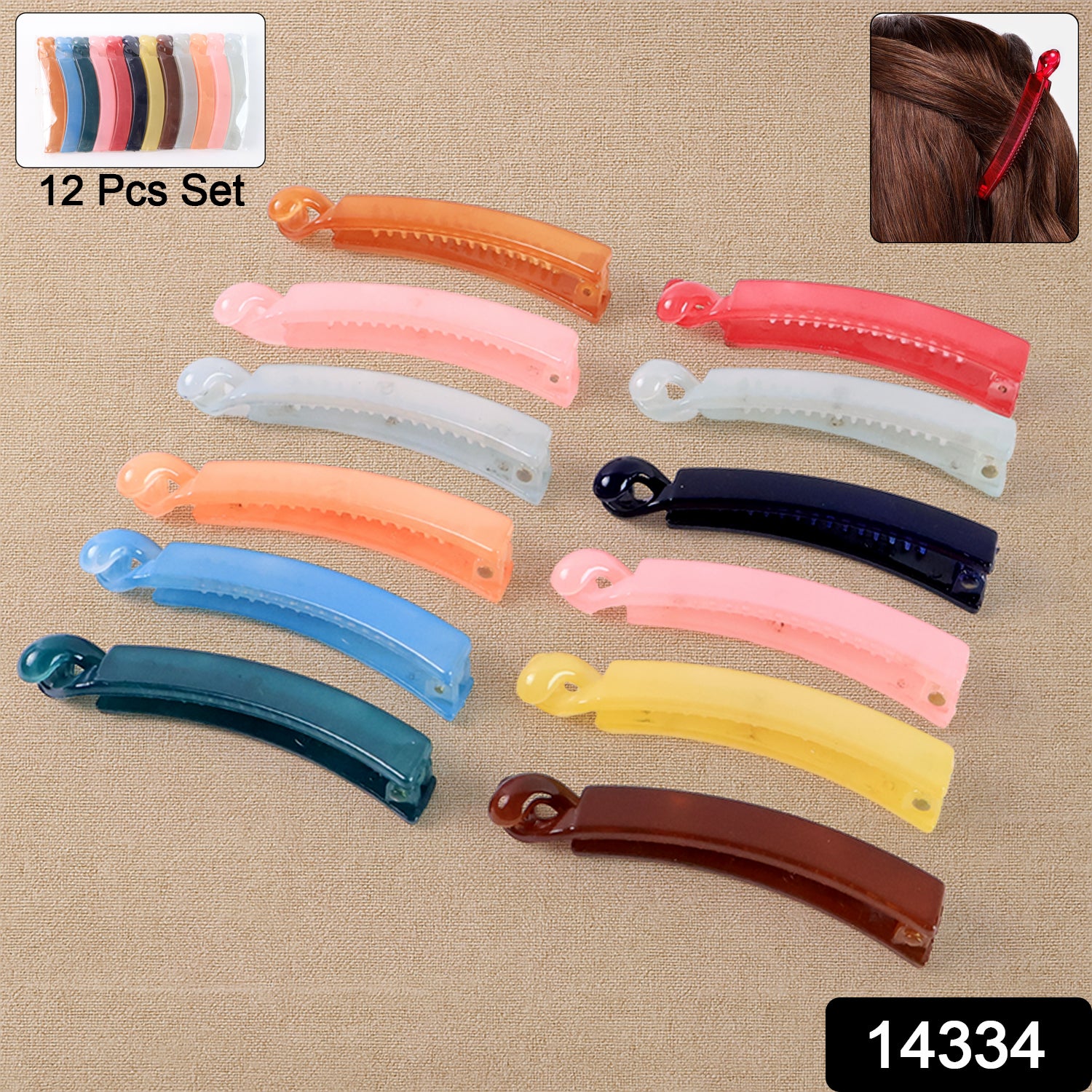 Set of 12 multicolor plastic banana-shaped hair clips by Wukusy, featuring bright, playful hair accessories for styling.