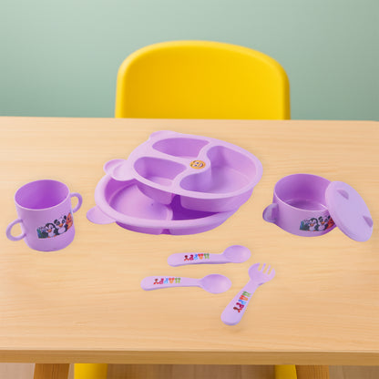 Wukusy children's tableware dining set with colorful plates, bowls, and cups for kids' home and kitchen use.