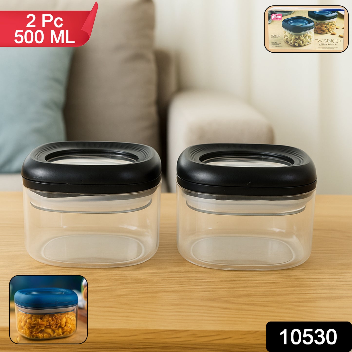 Wukusy Supermom plastic twist lock storage containers, 2-pack, 500ml each, ideal for kitchen organization and food storage.