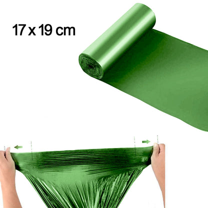 Green compostable corn starch garbage bags from Wukusy, 17x19 inches, ideal for eco-friendly home waste disposal.