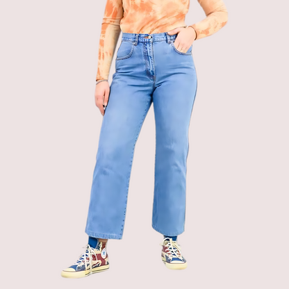 Snazzyway Classic 90s Boyfriend Blue Denim Wide Leg Jeans shown on a model, featuring relaxed fit and vintage-inspired style.