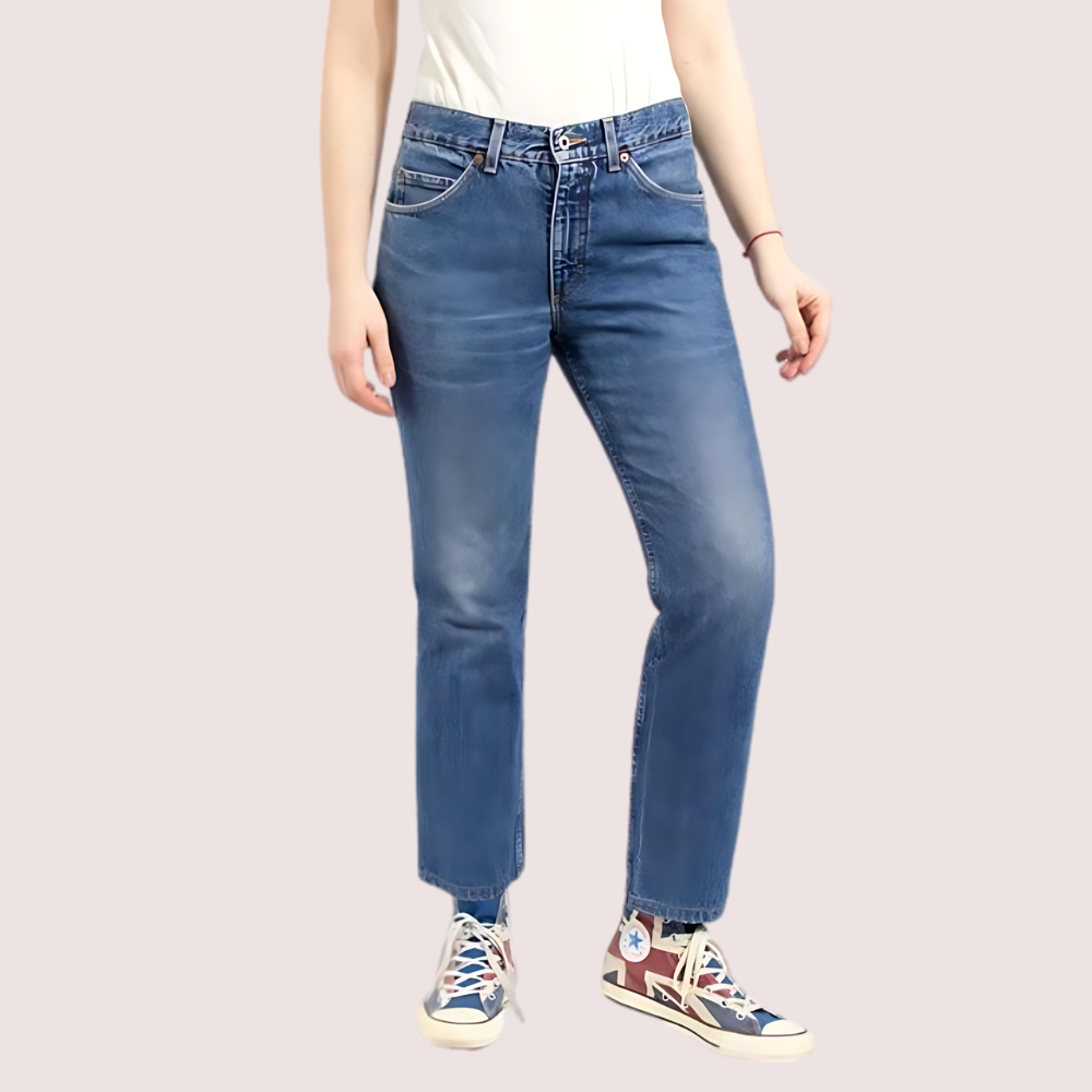 Women's 90s blue denim straight leg jeans by Snazzyway, showcasing classic fit and detailed stitching.