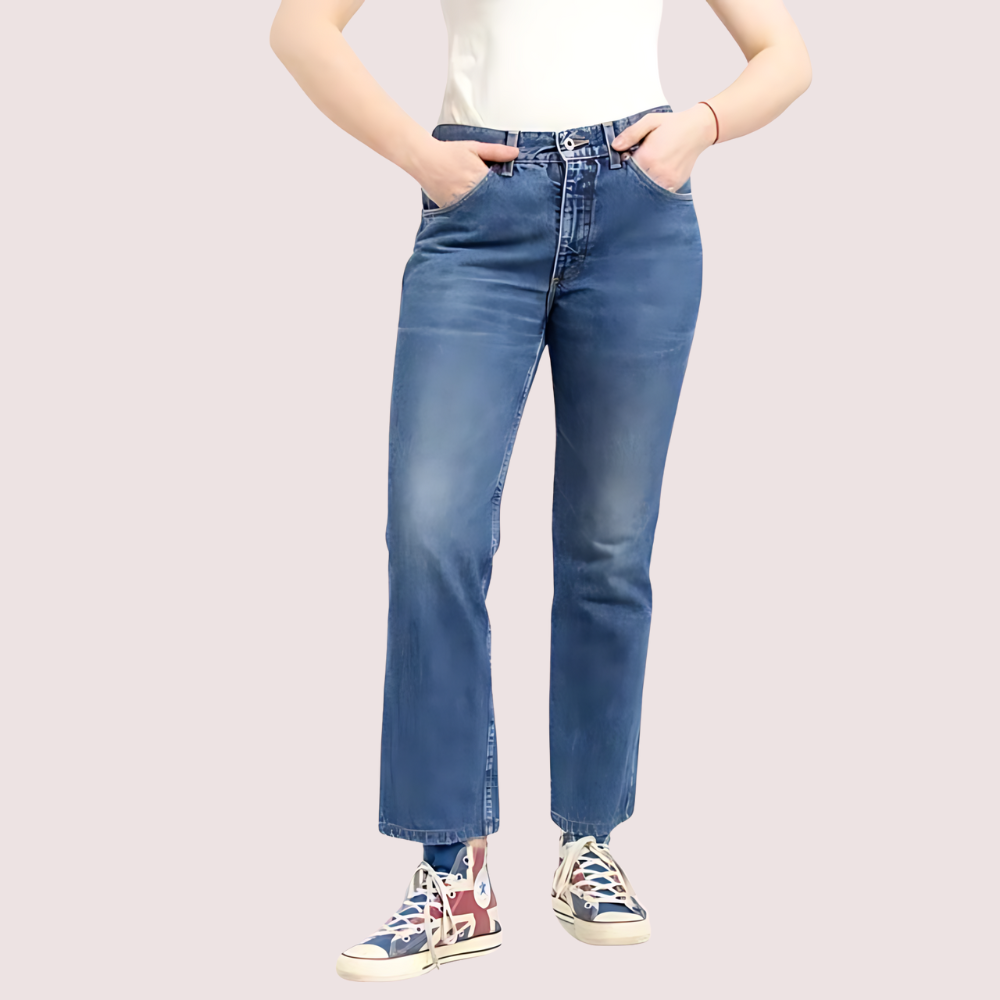Women's blue denim straight leg jeans by Snazzyway, classic 90s style with a relaxed fit and authentic denim texture.