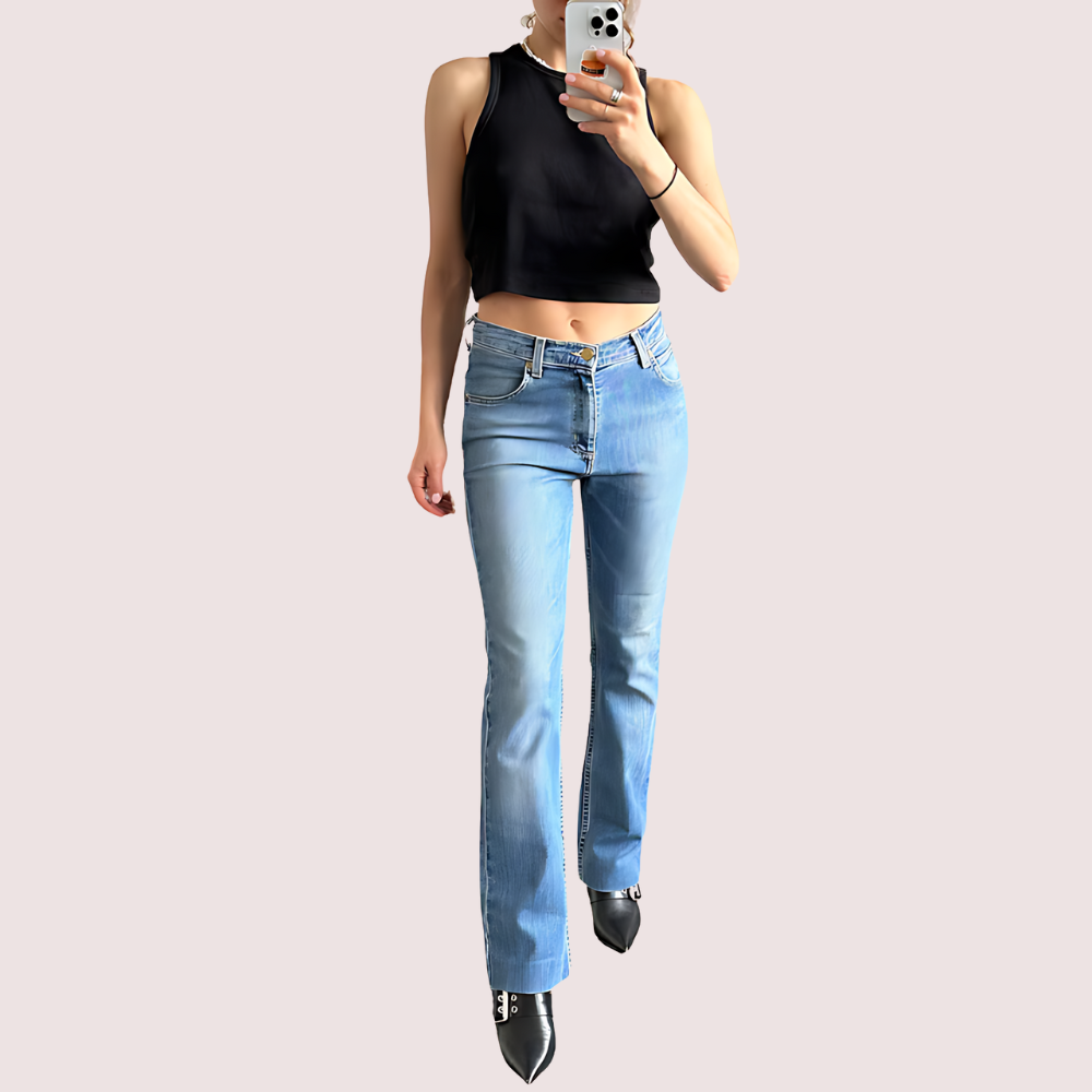 Women’s light blue high waist denim jeans by Snazzyway, showcasing a fitted style with classic five-pocket design and belt loops.