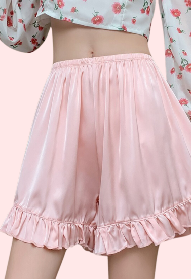 Women’s ruffle satin faux silk French underwear by Snazzyway with delicate ruffle details and smooth, shiny satin fabric.