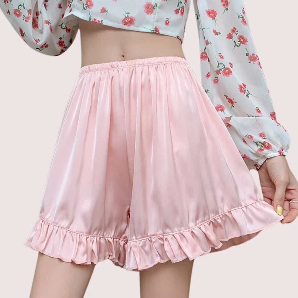Women’s ruffled satin faux silk French underwear by Snazzyway, with delicate ruffles and smooth satin finish.