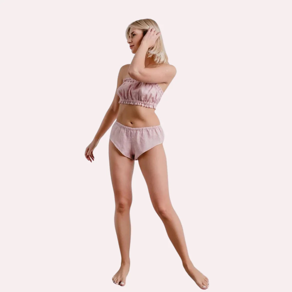 French Daina organic cotton ruffled bandeau and vintage knickers set by Snazzyway, featuring soft fabric and classic design.