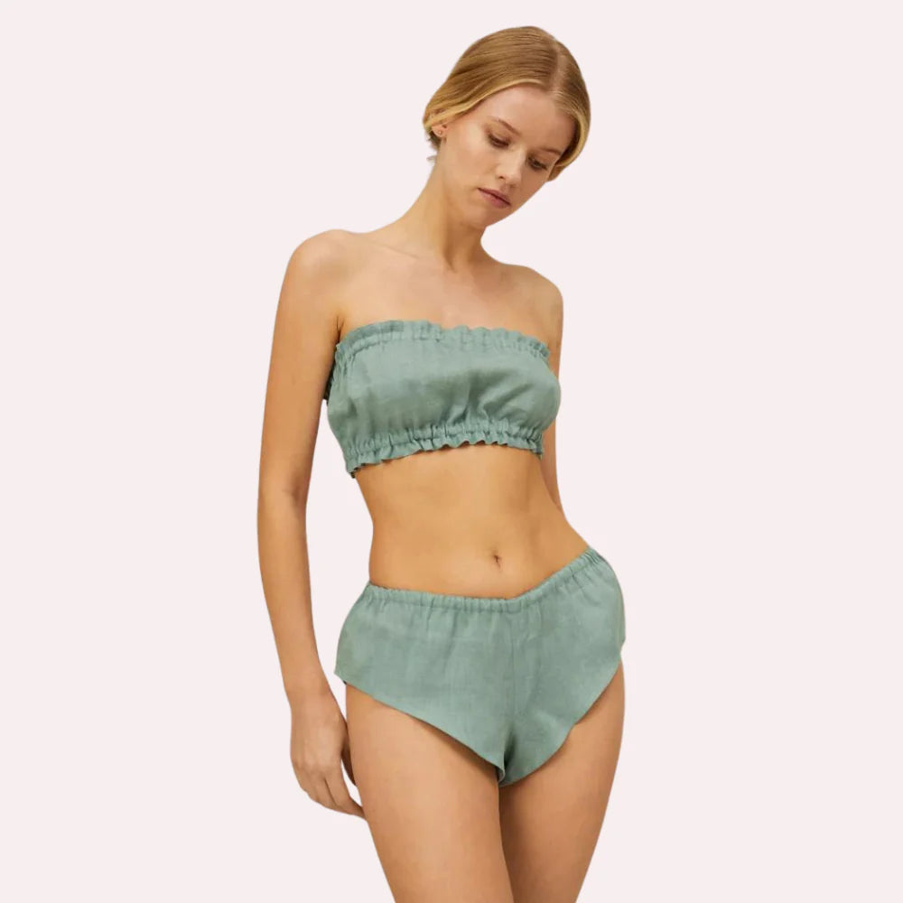 French Daina organic cotton ruffled bandeau and vintage knickers set by Snazzyway, featuring soft, ruffled fabric and classic design.