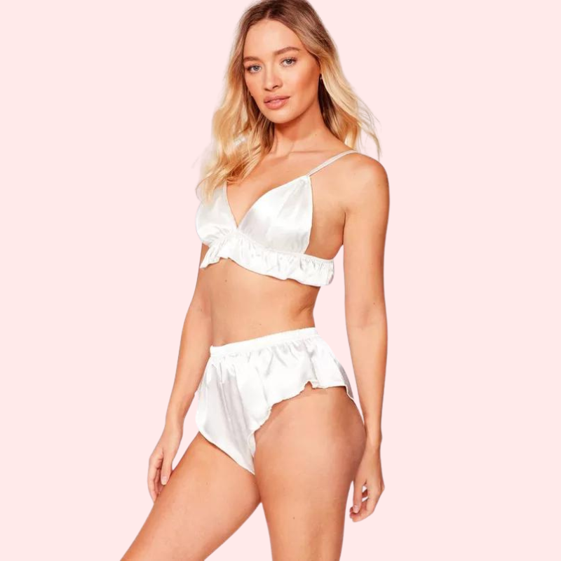 Snazzyway Fleur de Soie pure silk satin bra set featuring a delicate, luxurious silk and satin design with matching underwear.
