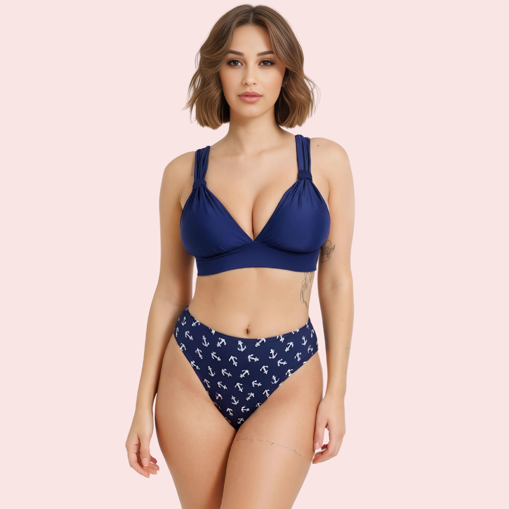 Snazzyway nautical high-waisted bikini bottom with anchor print, designed for a stylish beach or poolside look.