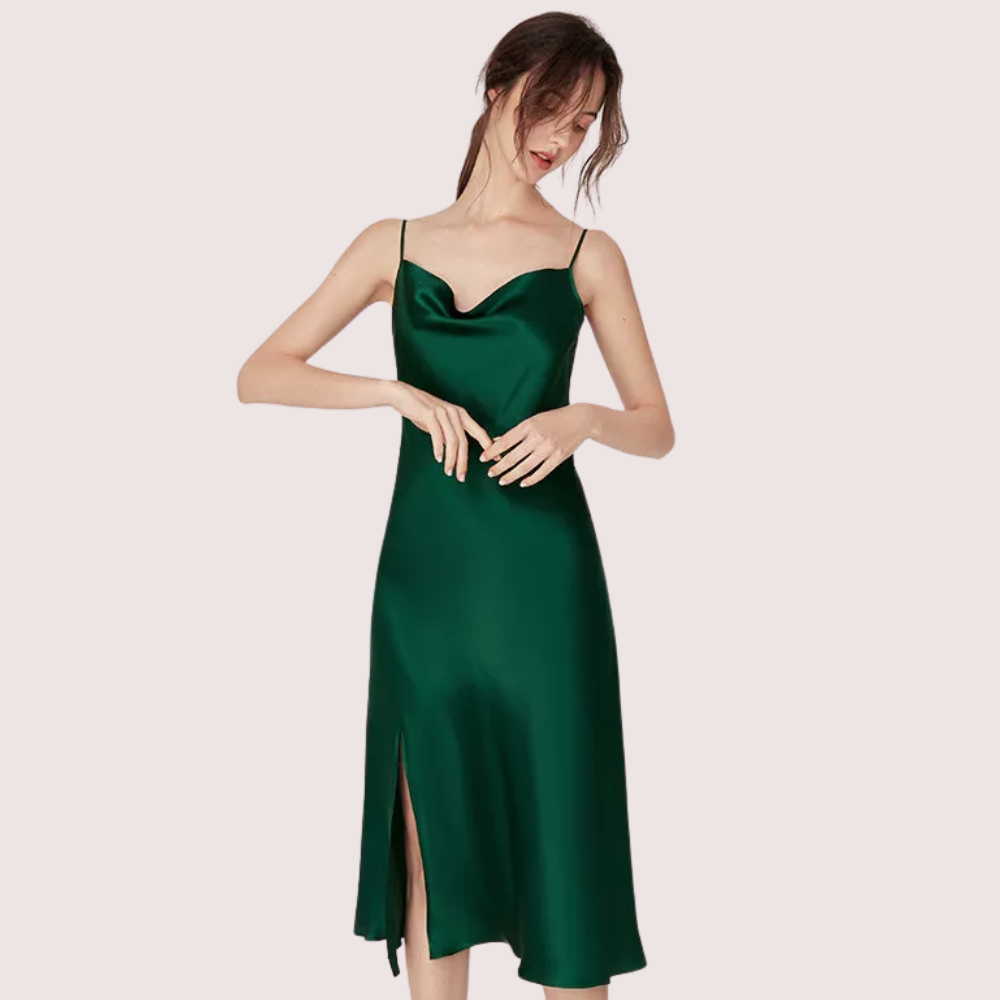 White luxurious women's silk satin sleepwear nightdress by Snazzyway, smooth fabric, elegant design, perfect for comfortable nights.