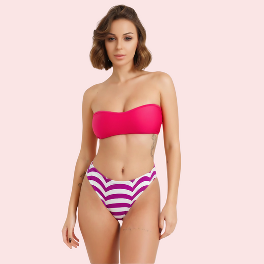 Snazzyway vibrant V-cut striped high-waisted bikini bottom shown in bright, colorful fabric with a flattering fit.
