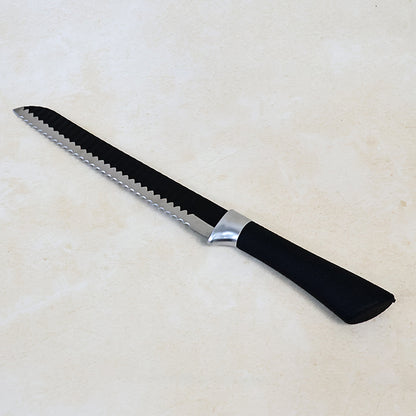 Wukusy 32 cm serrated bread knife with ergonomic handle for easy slicing of bread and bakery items in the kitchen.