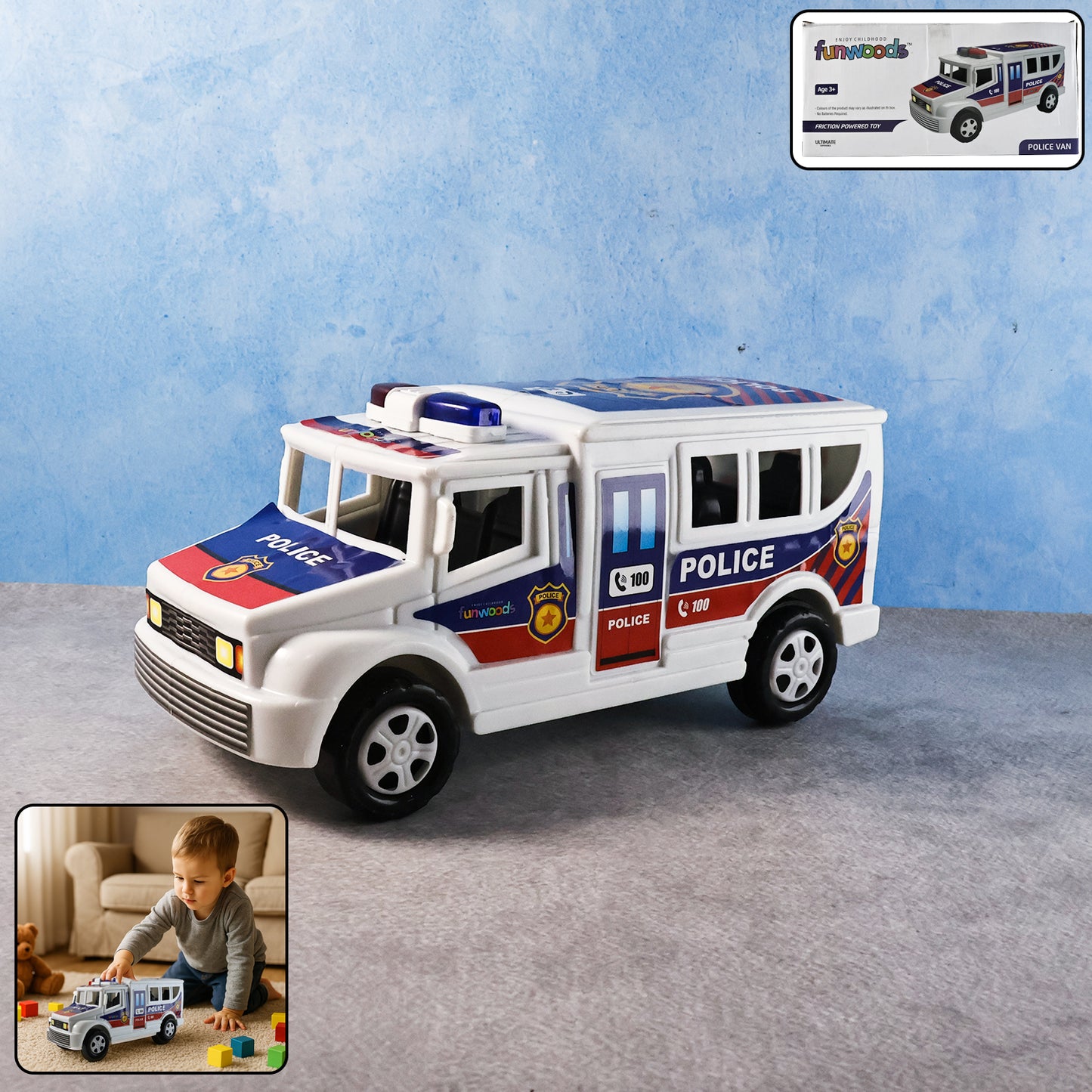 Wukusy Funwoods Police Van Toy featuring a colorful plastic police vehicle with detailed police markings and windows.