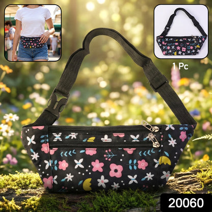 Wukusy floral print adjustable waist bag with front zipper pocket and strap, designed as a stylish fanny pack for casual wear.