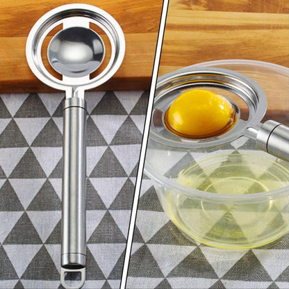 Wukusy stainless steel egg yolk white separator with funnel and spoon for kitchen egg divider and separating eggs efficiently.