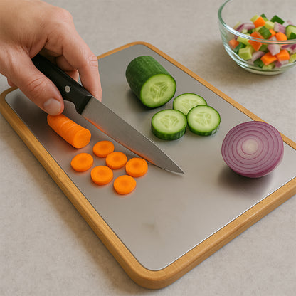 Wukusy Apex Steel Oak Cutting Board with wooden handle, durable kitchen tool for chopping and prep work.