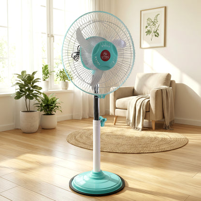 Wukusy 12V DC hybrid pedestal table fan with plug and play IEC C13 power cable, shown on a clean surface.