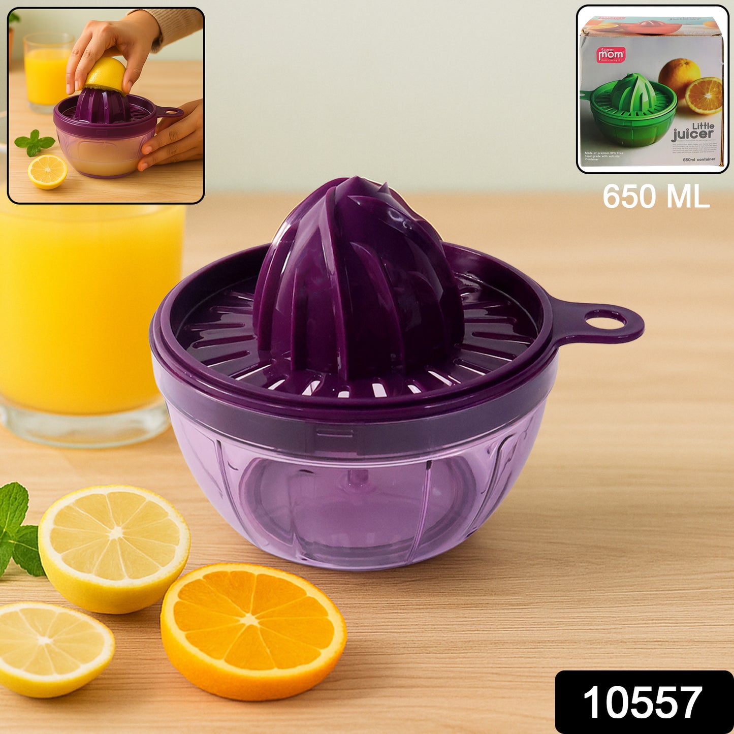 Wukusy Supermom Little Hand Juicer 650ml in white with a clear container and hand-crank for fresh juice extraction.