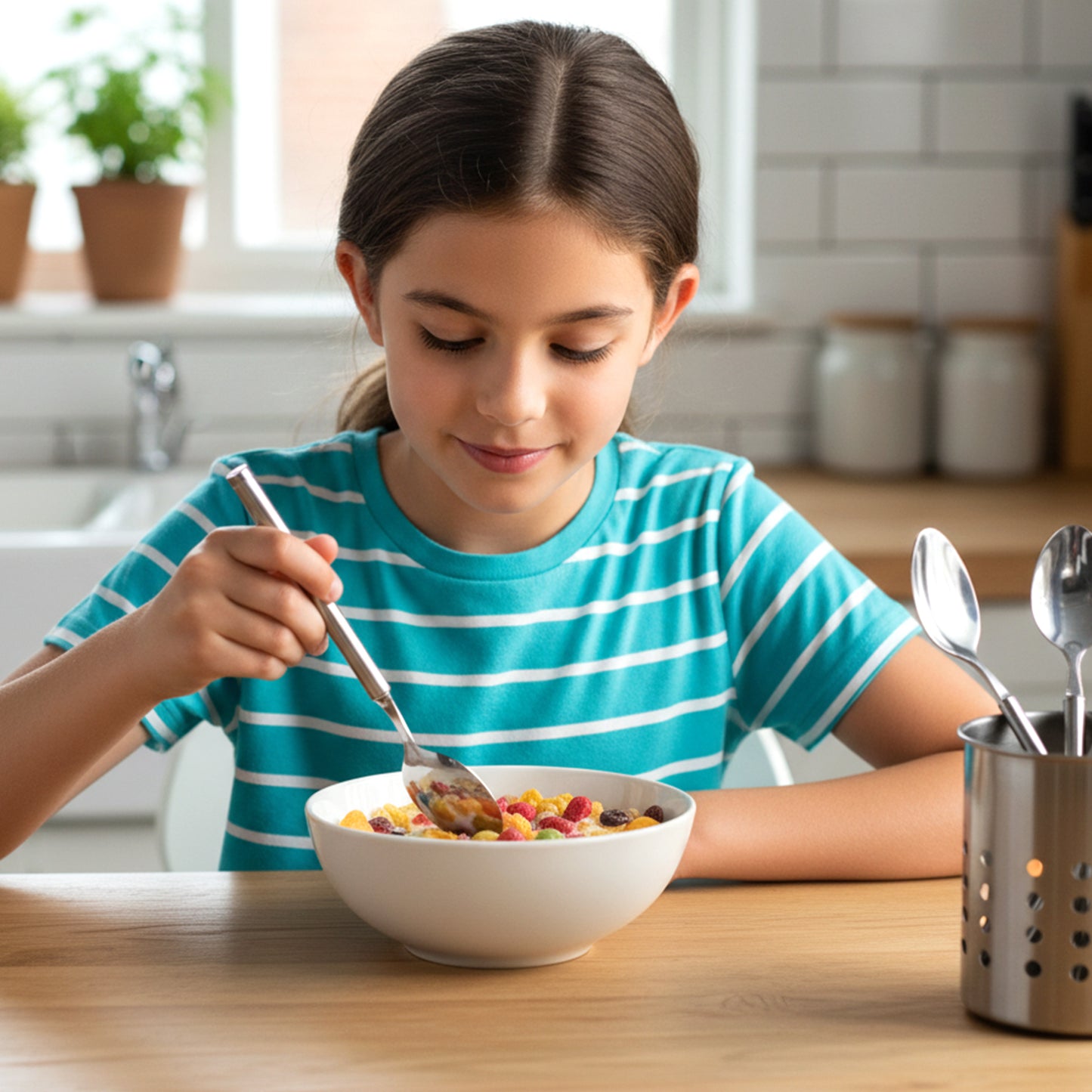 Wukusy stainless steel dinner spoon set of four, polished and reflective, with smooth handles and rounded spoon bowls.