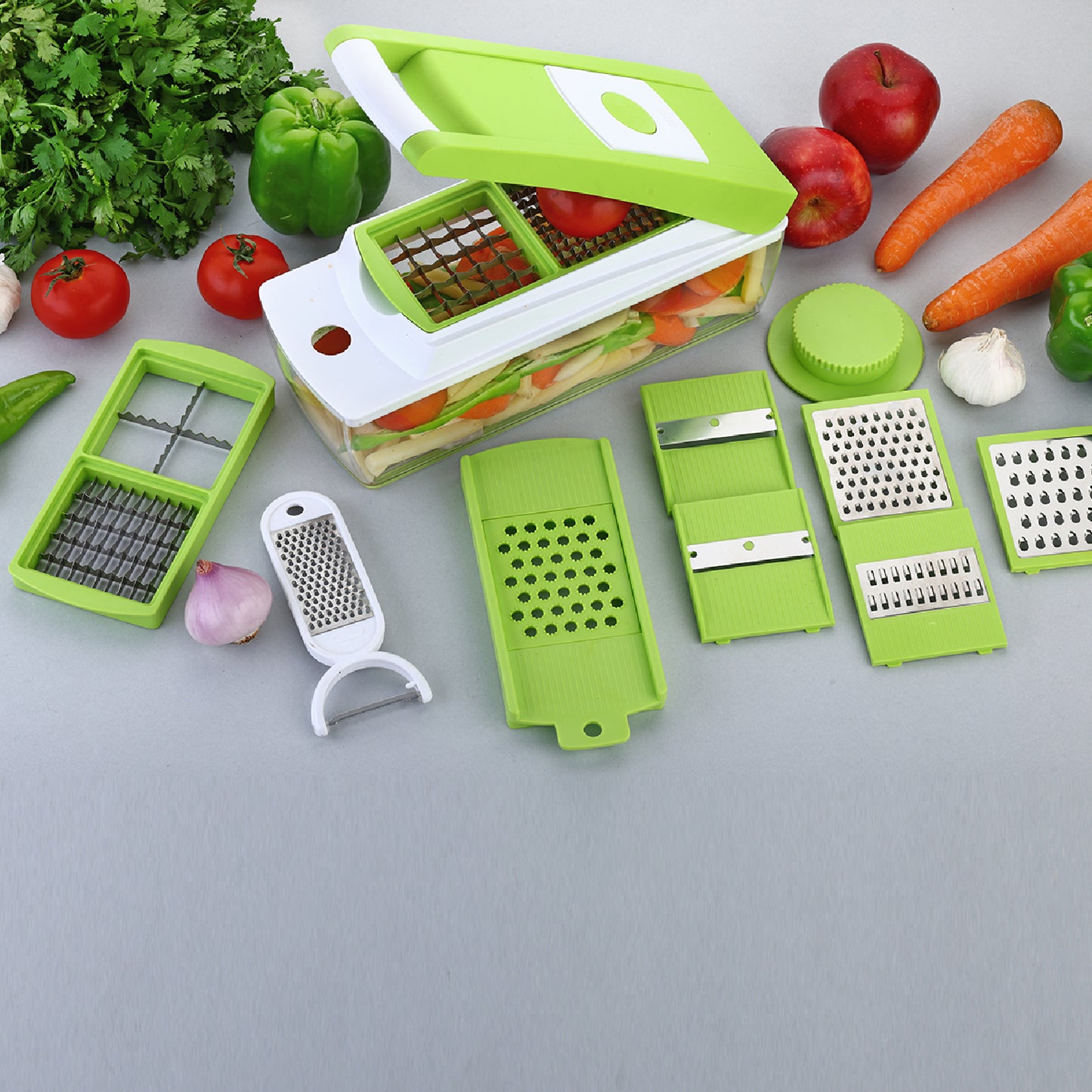 Wukusy 8110 House of Sensation Snowpearl 14-in-1 Quick Dicer with stainless steel blades and colorful ergonomic handle.