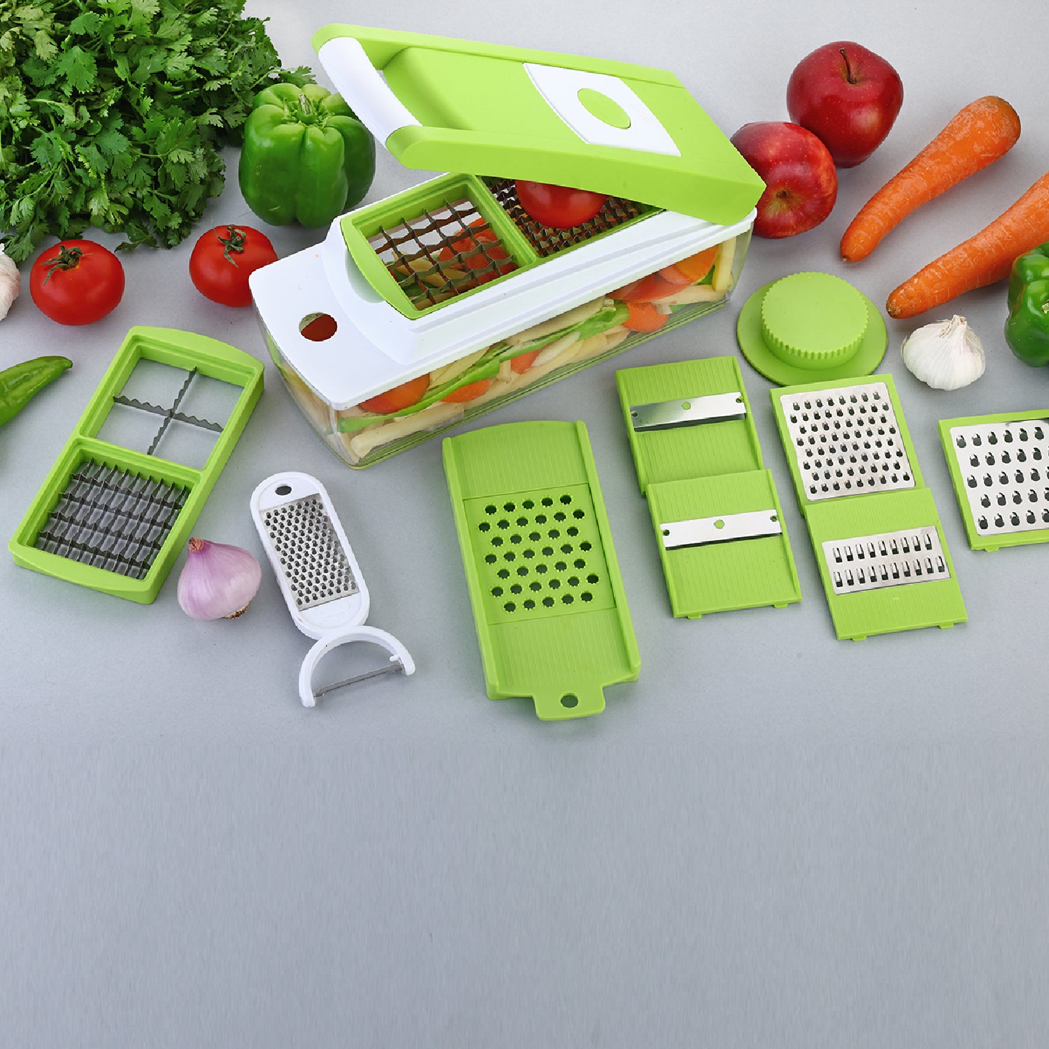 Wukusy 8110 House of Sensation Snowpearl 14-in-1 Quick Dicer with stainless steel blades and colorful ergonomic handle.