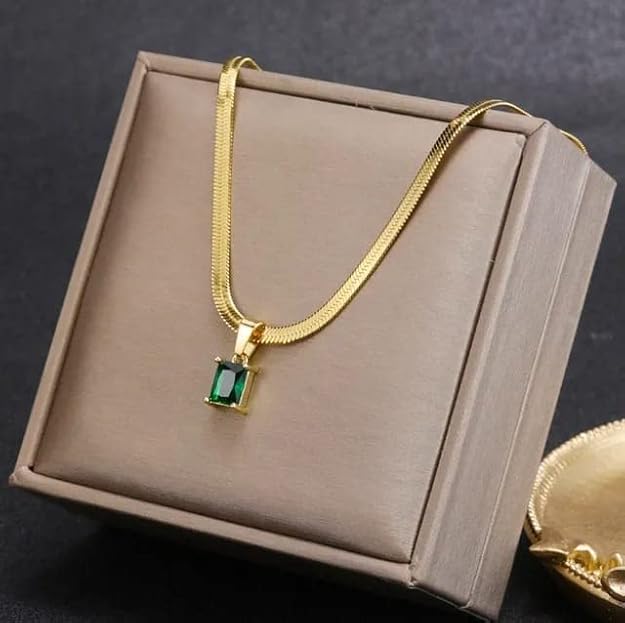 Square green zircon pendant necklace for women, luxury jewelry by Drpshippr, stylish chain with elegant green gemstone.