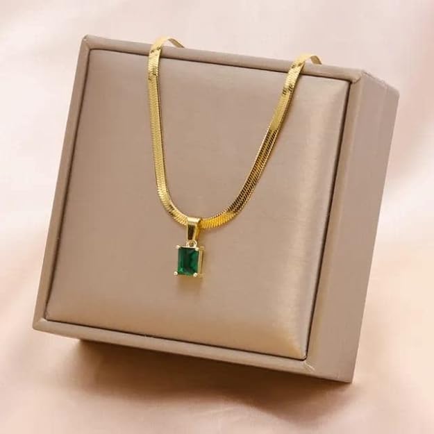 Square green zircon pendant necklace for women, elegant luxury jewelry chain from Drpshippr in a classic style.
