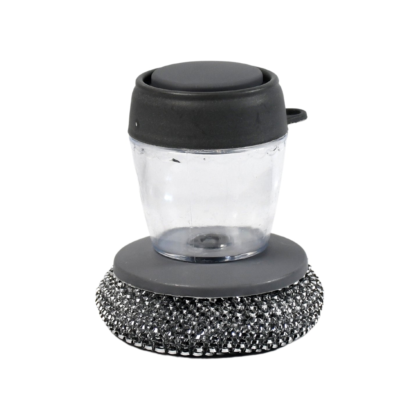 Wukusy soap dispensing palm dish brush with liquid dish soap for cleaning pots, utensils, and cookware in kitchen.