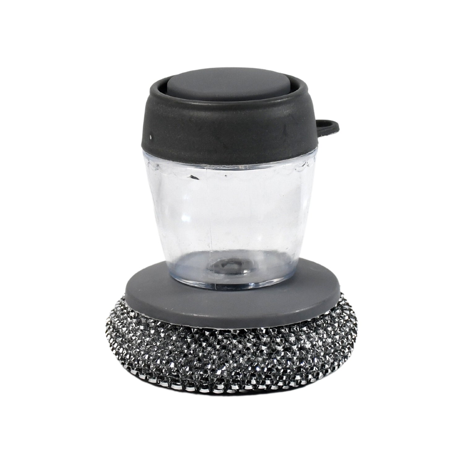 Wukusy soap dispensing palm dish brush with liquid dish soap for cleaning pots, utensils, and cookware in kitchen.