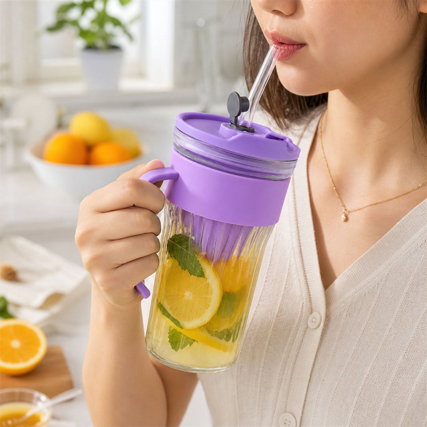 Wukusy glass tumbler with lid, straw, and handle, designed for cold beverages and juice, shown with transparent design and lid.