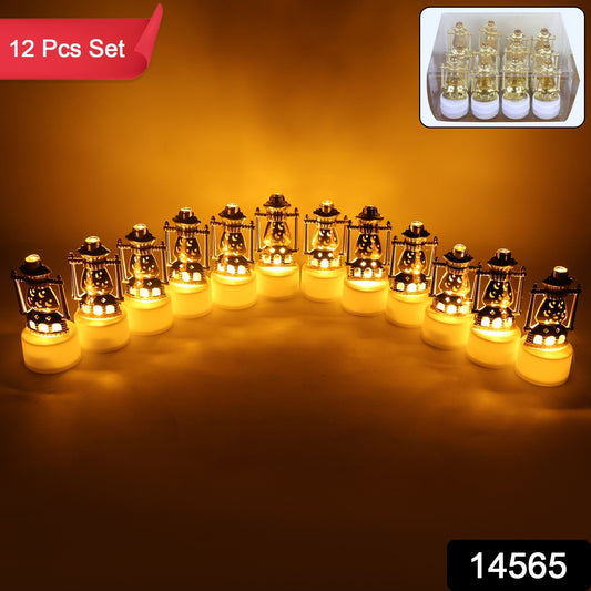 Set of 12 Wukusy vintage lantern style flameless LED candles for home decor, showcasing warm light and decorative design